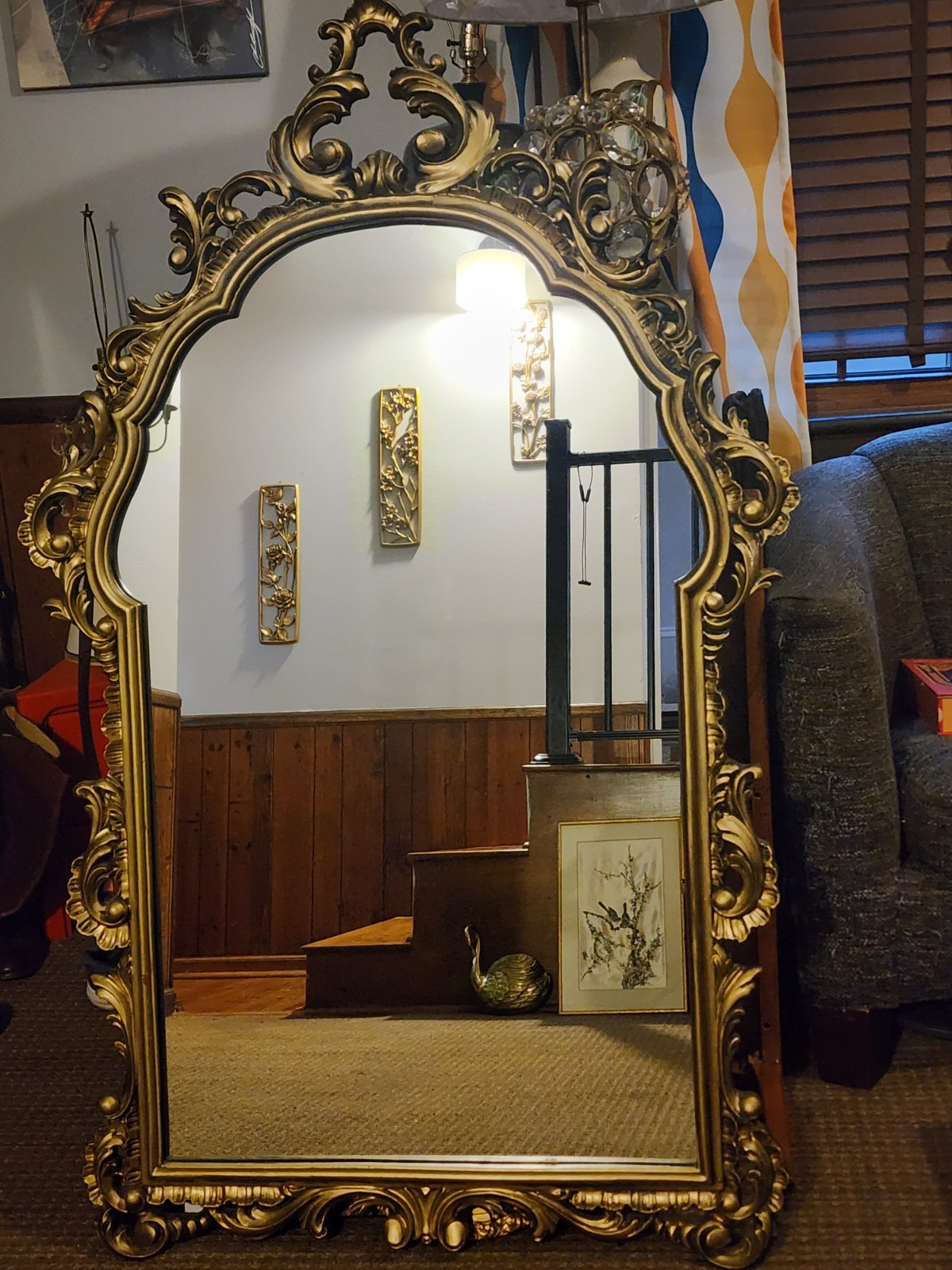 X Large Antique French Rococo style gilt wood Ornate overmantle mirror, 56×35.5