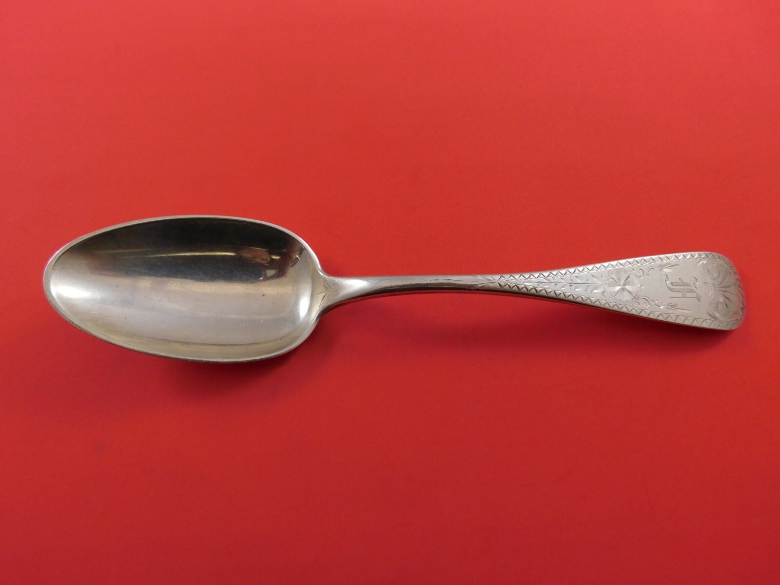 Bright-Cut by Various Makers Sterling Silver Serving Spoon N.G. Wood 8 1/2″