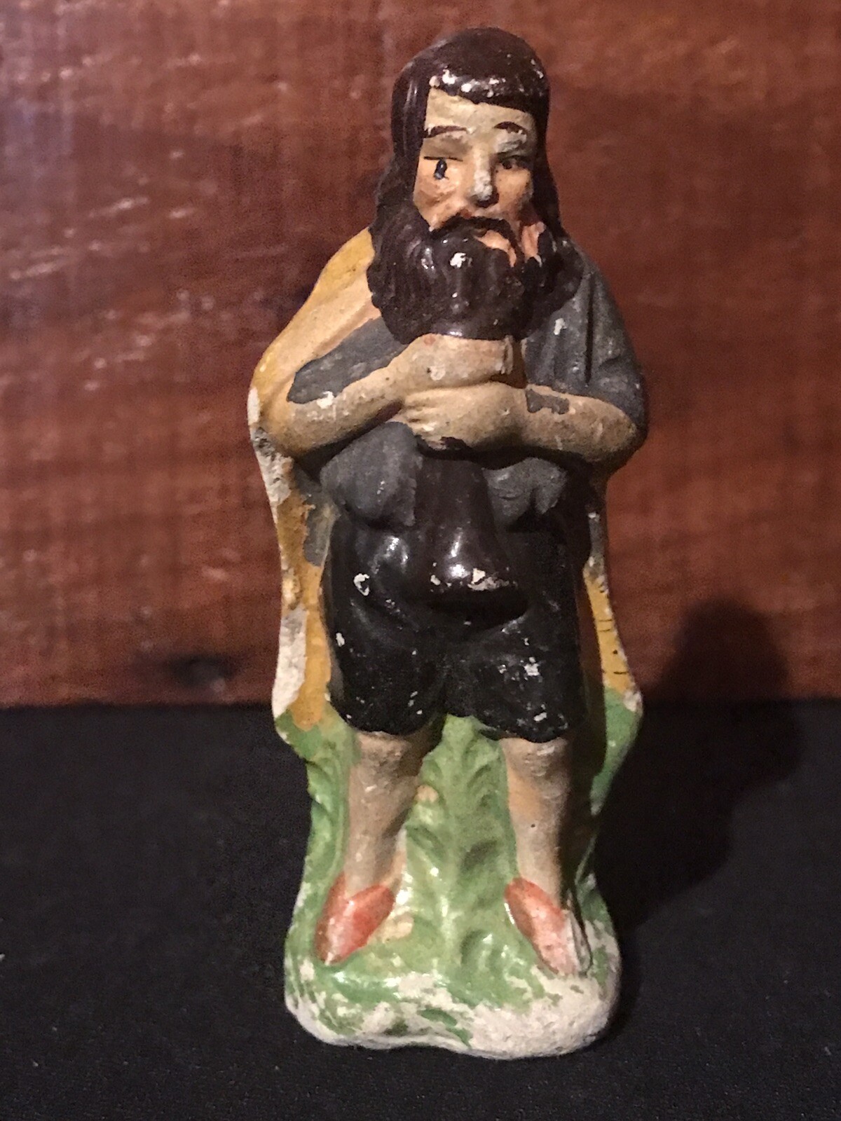 Antique Christmas Chalkware Shepherd & Sheep, Bottlebrush Trees & Toy Block AAFA