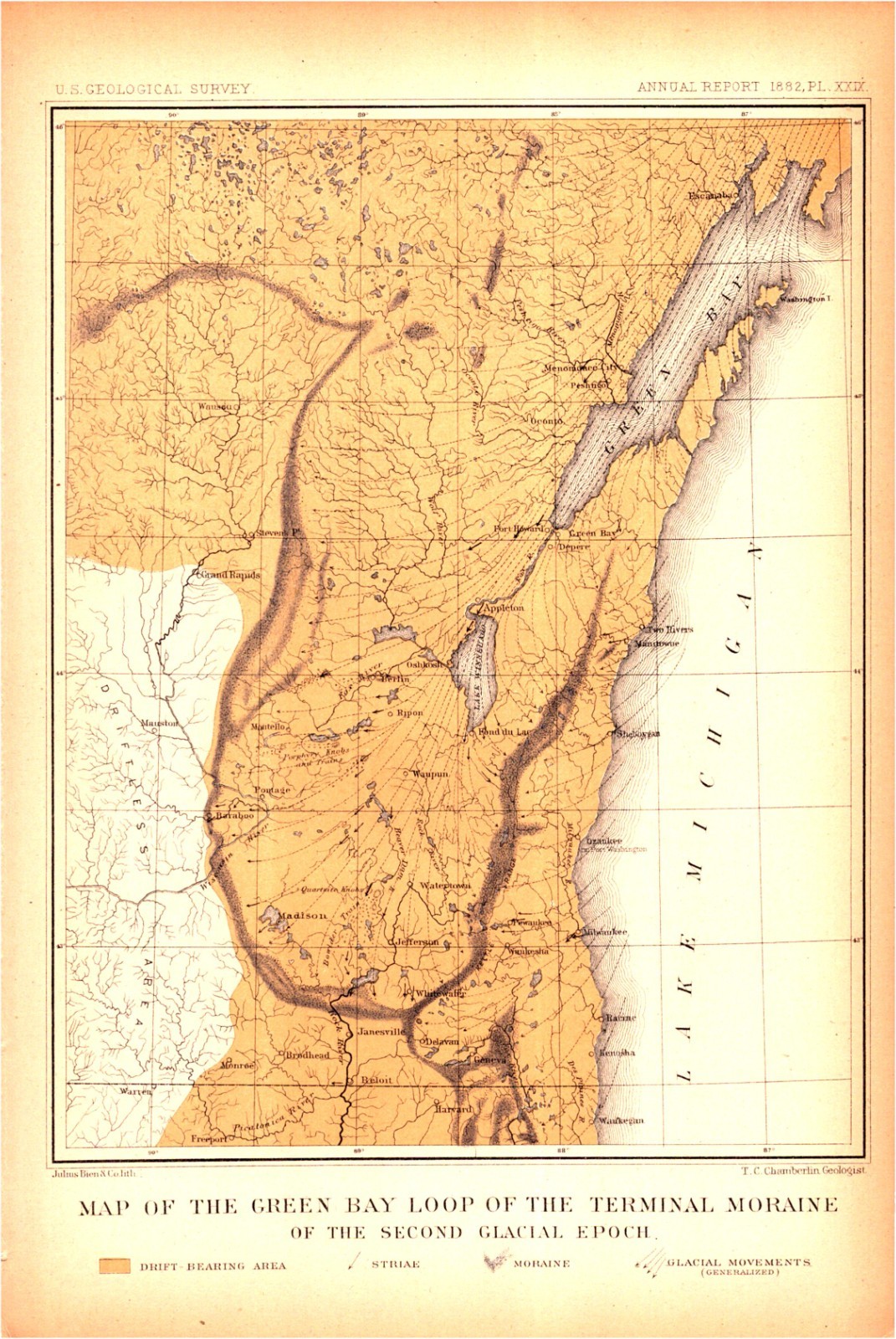 1883 Green Bay Wisconsin Glacial Map Plate XXIX USGS Madison Lake Michigan