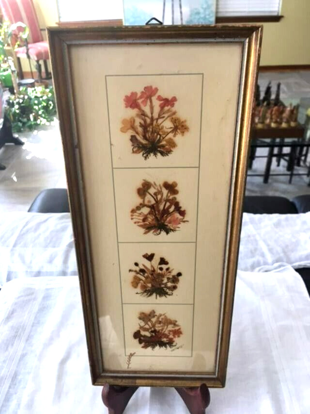 Vintage 1970’s Signed Hand Crafted Pressed Flowers Framed Studio 13 x 5″