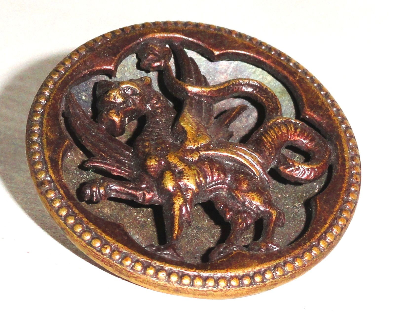 Antique Sewing Picture Button ~ Mythical Dragon ~ 1” in Diameter ~ Beaded Rim