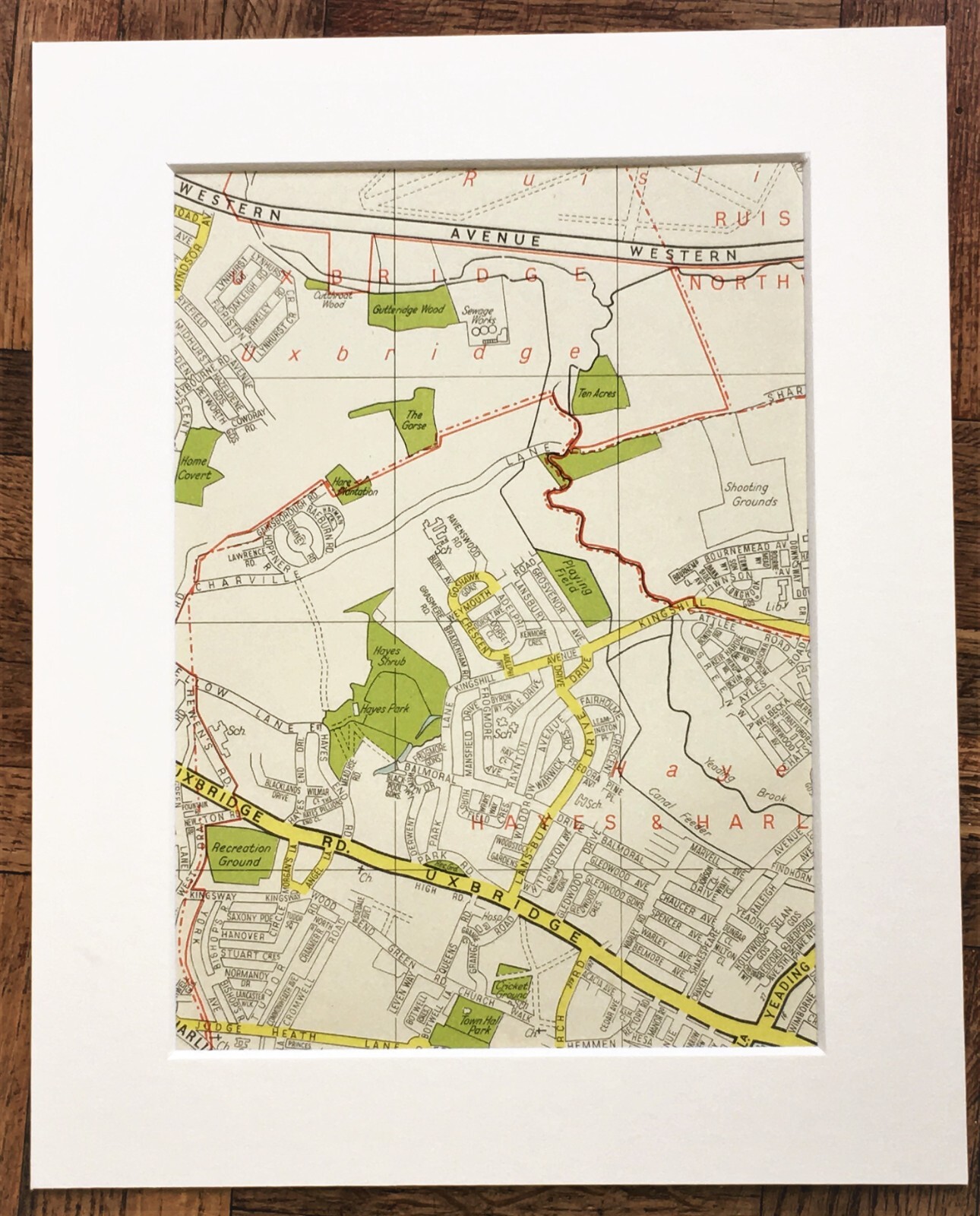 Antique 1960s London Map – Mounted – HAYES, NORTHOLT, UXBRIDGE
