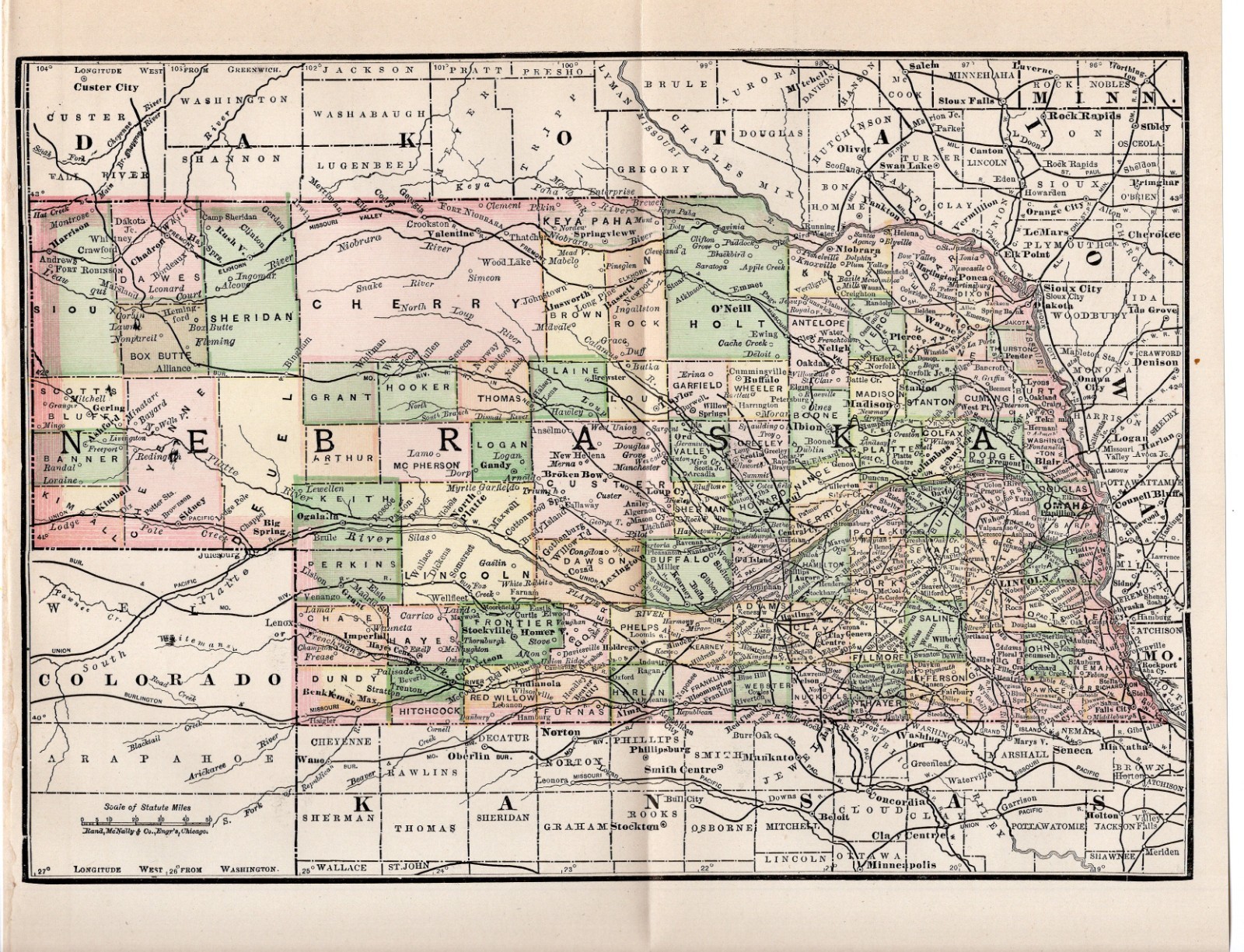 Nebraska Railways Counties Prairie Region Map 1890 Fine Antique Engraving