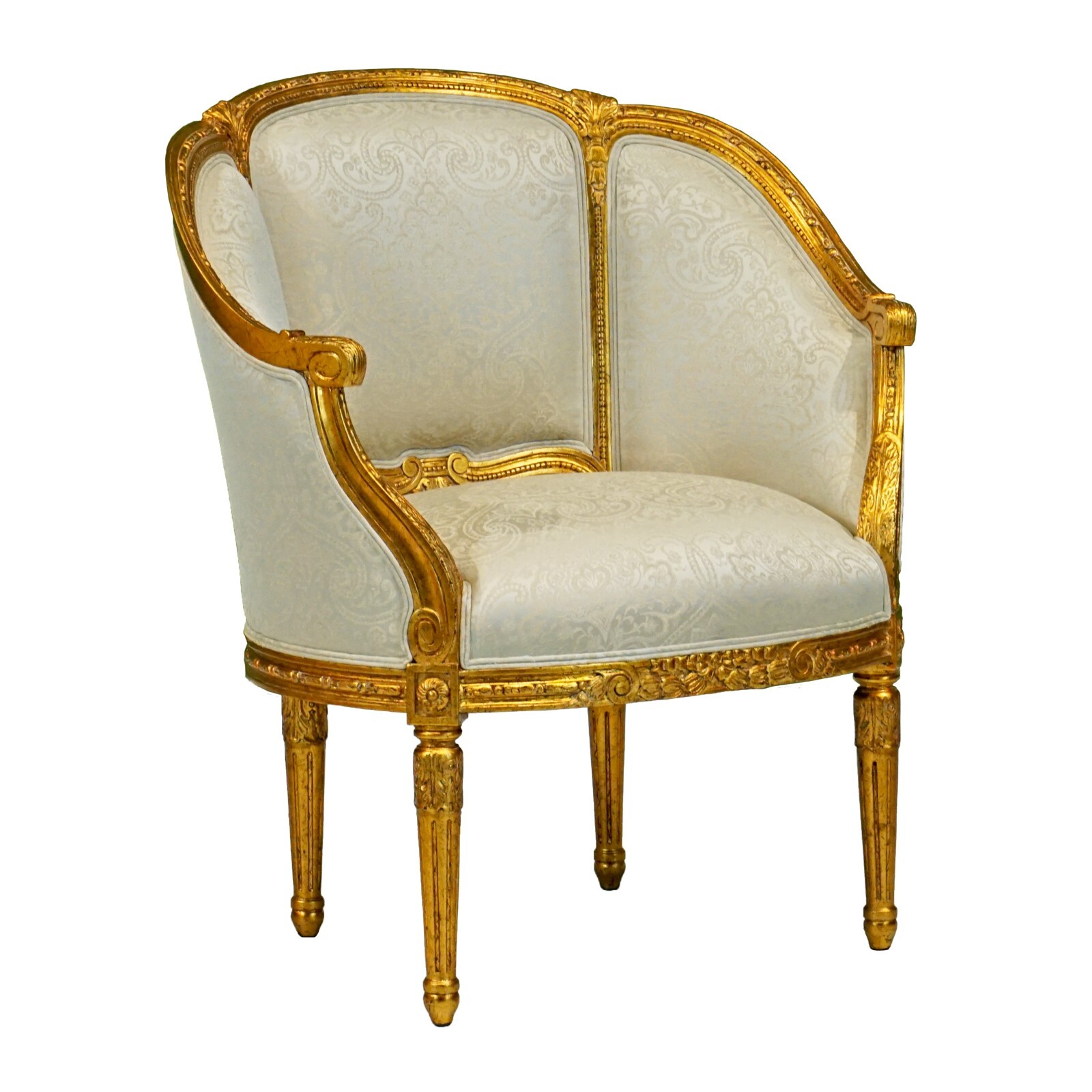 French Louis Sofa and 2 chairs antique gold leaf damask fabric