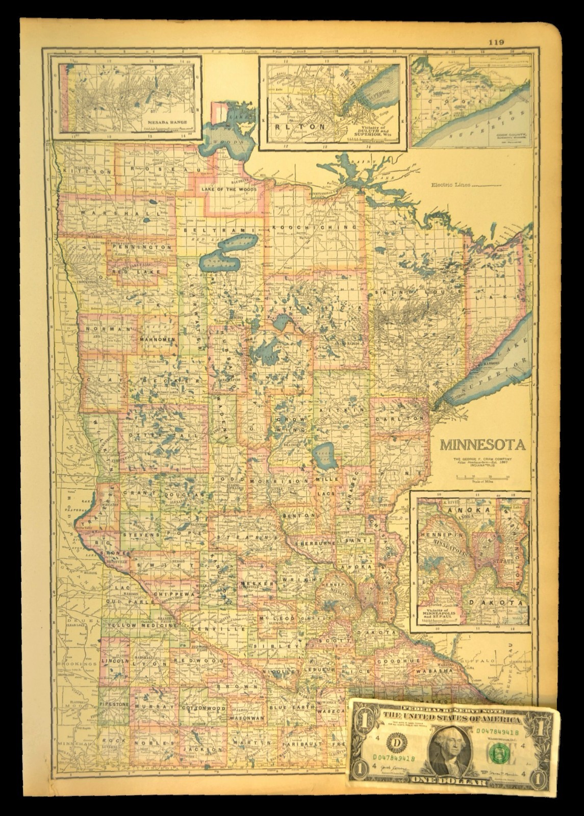 1920 Antique Minnesota Map Counties Large Atlas Map Railroad Depot Towns NO FOLD