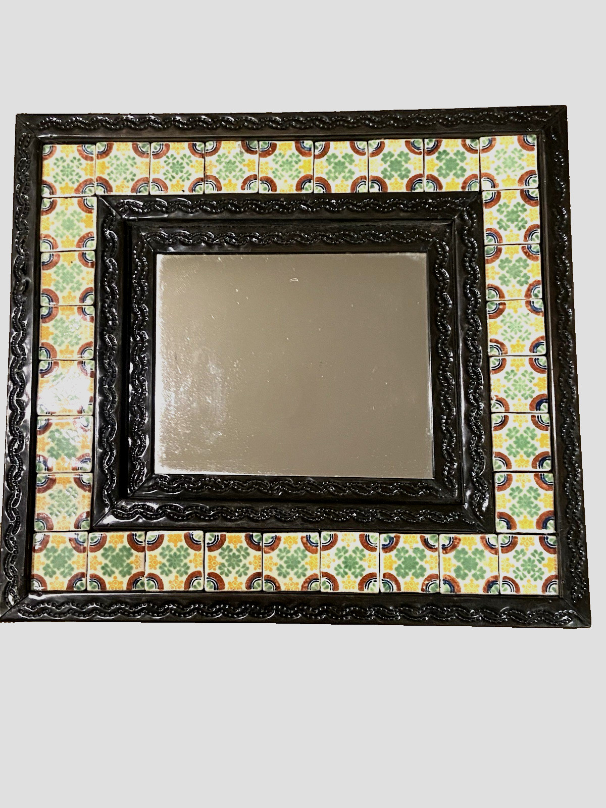 12” PUNCHED TIN MIRROR with talavera tile mexican folk art