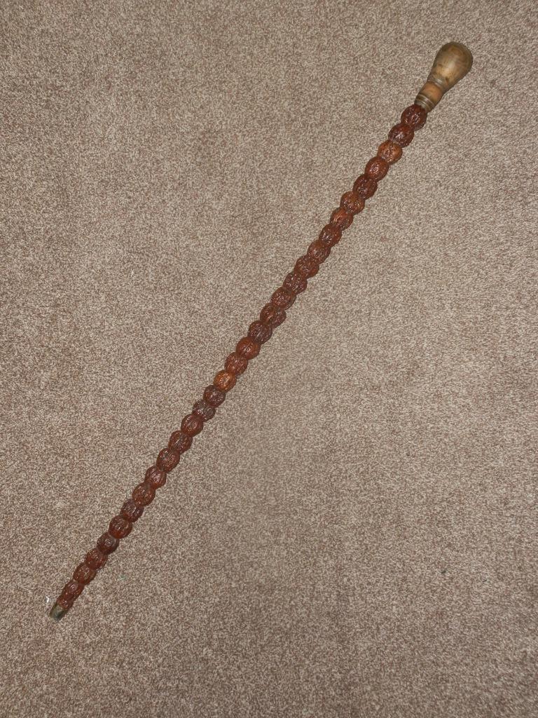 Antique Rare Walking Stick Made With Walnuts W- Treen Top & Silver Coin Feature