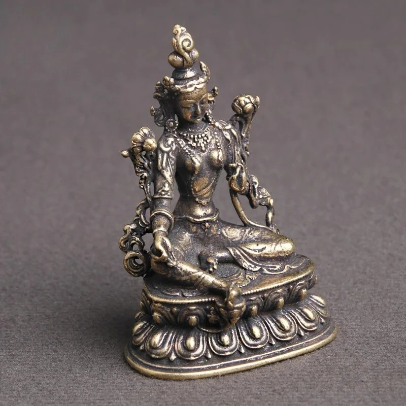 5.5cm Retro Copper Green Tara Statue Absorbing Wealth Buddhist Figure Decoration