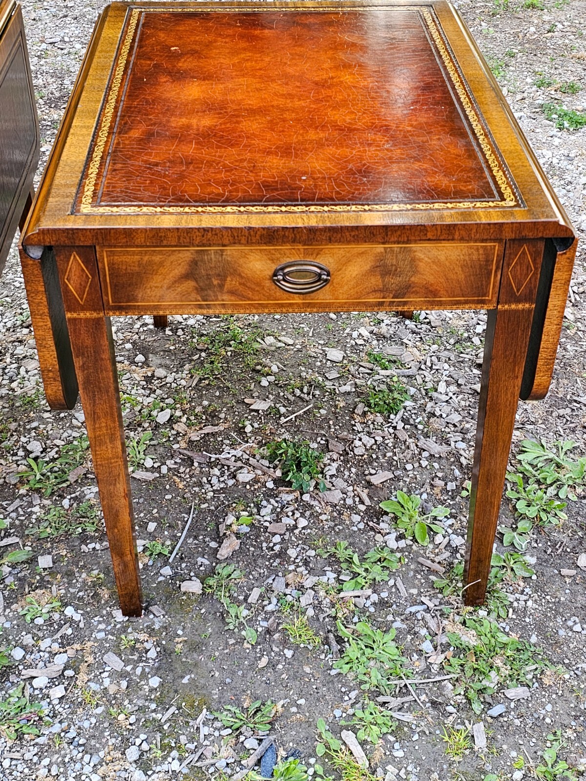 Antique Pembroke Double drop leaf leather top end table Pair by Weiman