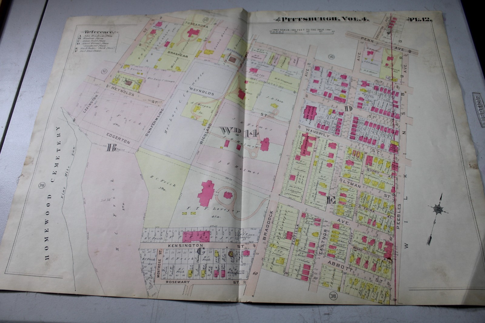 1911 PITTSBURGH PA Plat Map #12 NORTHEAST OF HOMEWOOD CEMETERY ~ REGENT SQUARE