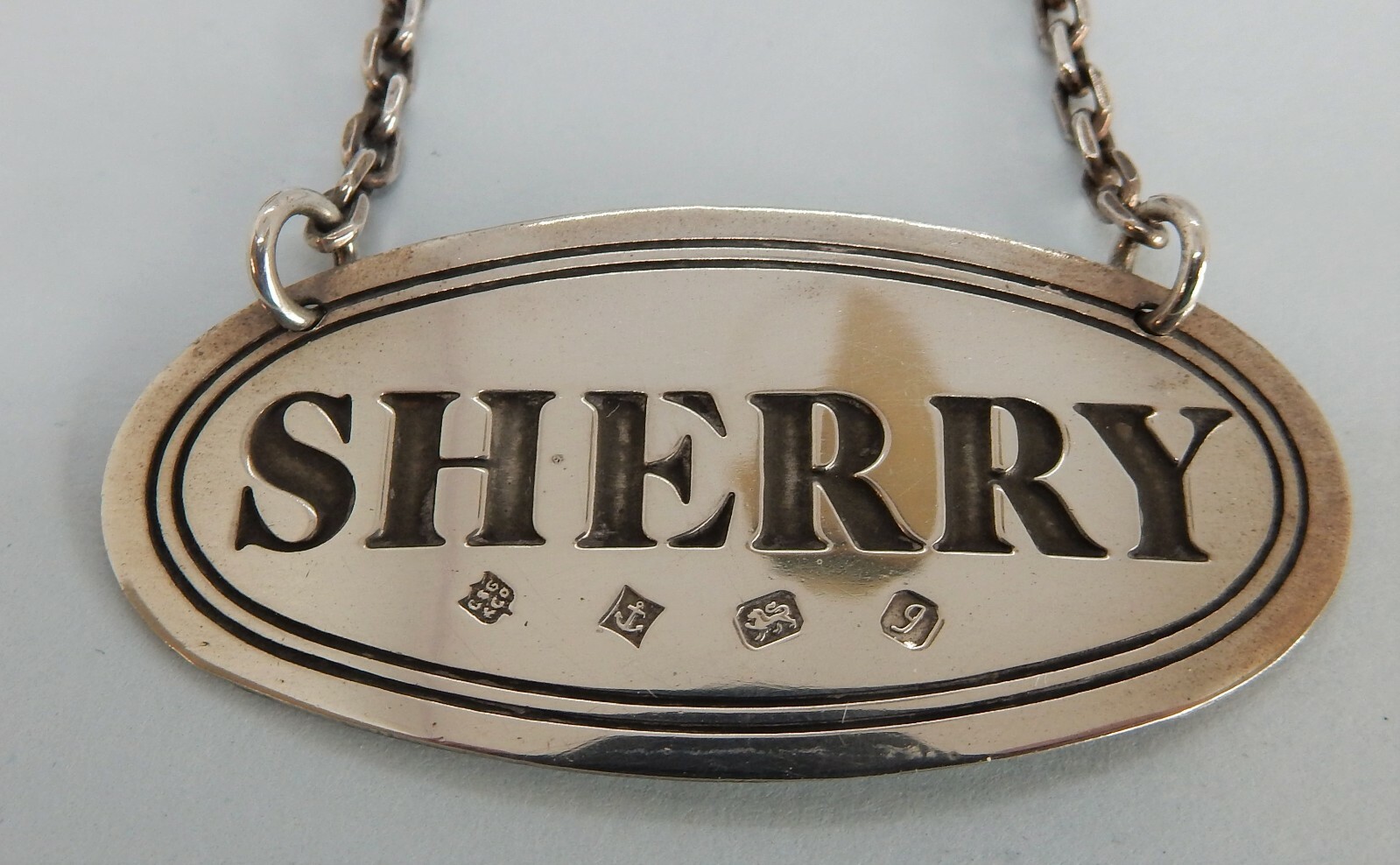 BOXED Oval SOLID Silver ‘SHERRY’ Wine LABEL Birmingham 1983 Charles S Green & Co