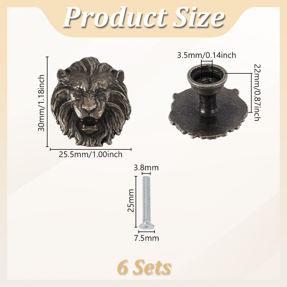 6 Pcs Vintage Lion Cabinet Knobs Antique Bronze Decorative Drawer Pulls for D…