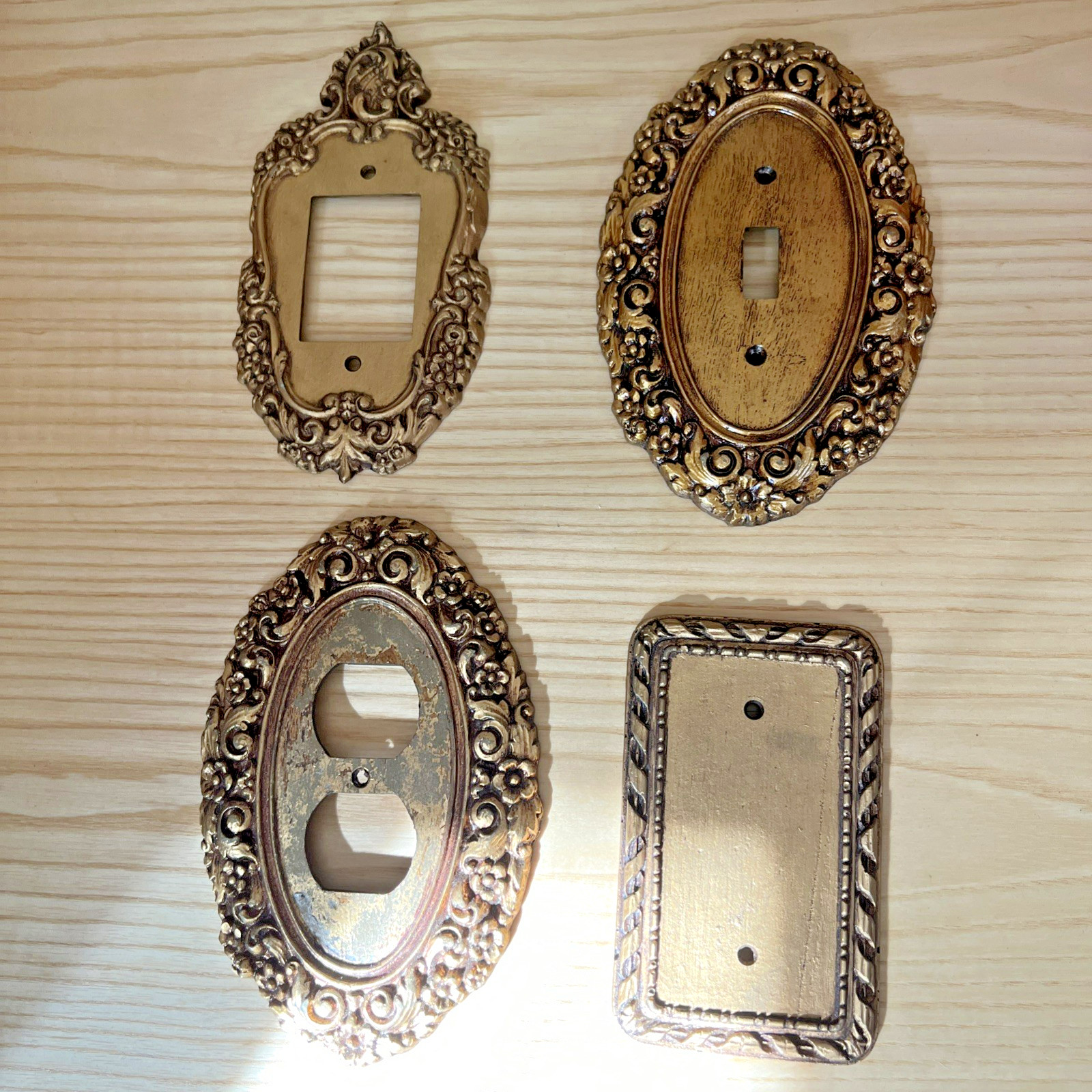 Set of 4 Vintage Mexican Carved Wood Light Switch Plates Gilt Painted Mix Shapes