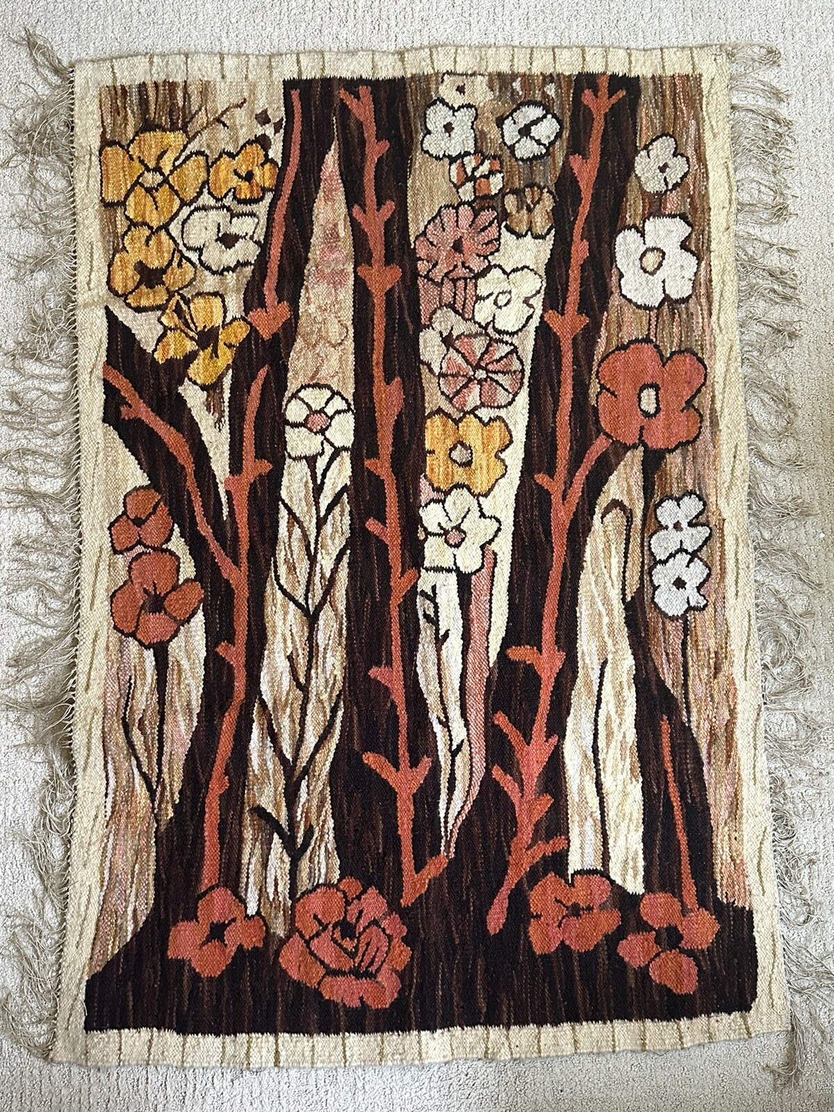 Vtg Hand Woven Polish European Kilim Tapestry Rug 64″ x 40″ MCM 1950s Floral