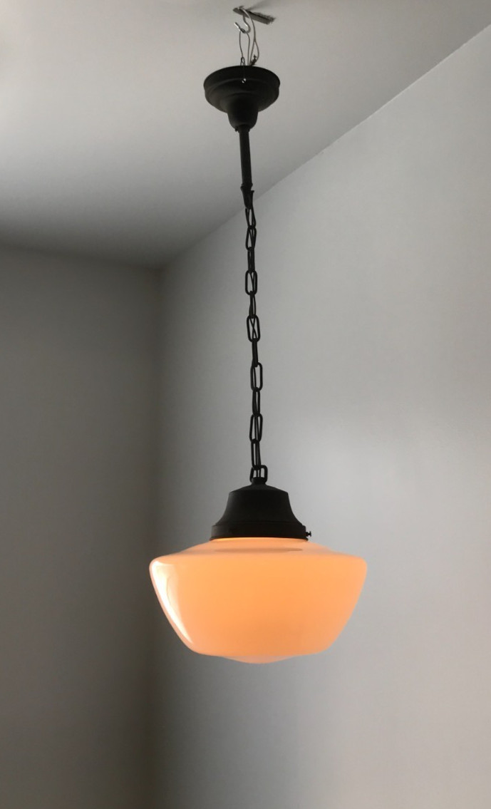 Antique 14″ Schoolhouse Bank Ceiling Light Milk Glass Globe VTG Bronze 286-26B