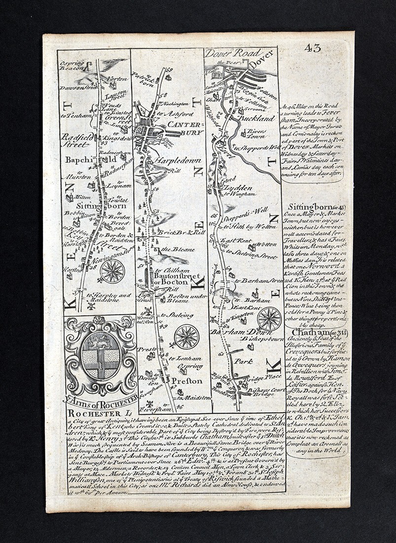 1720 Ogilby Bowen Road Map Canterbury Dover Kent England UK