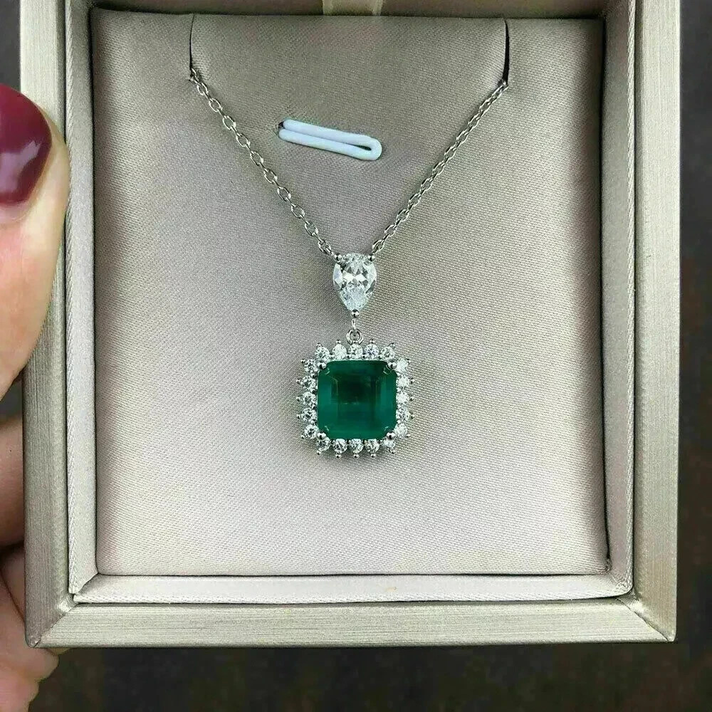 3.00Ct Asscher Cut Lab Created Emerald Halo Women Pendant 14k White Gold Plated