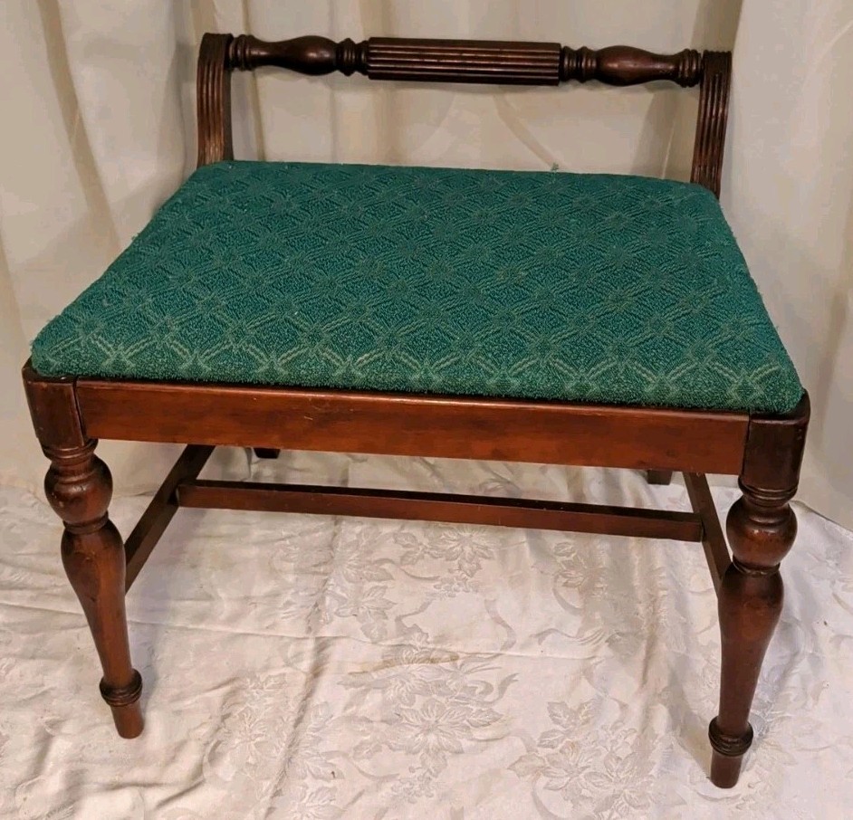 Antique Wood Vanity Bench Stool Green Upholstery Brown Backrest 23x12x20 Vtg