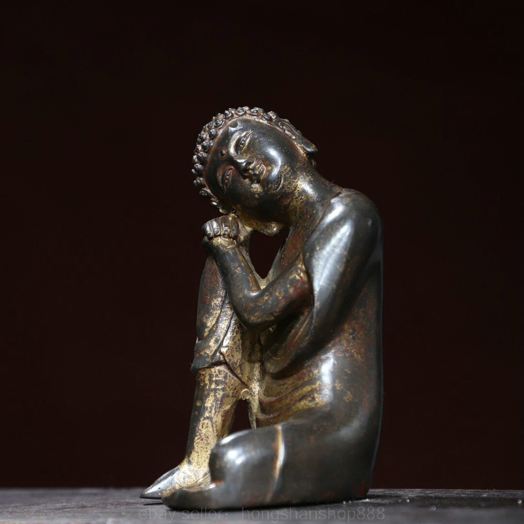 6.4″ Old Chinese Bronze Gild Buddhism Sit Sleeping Buddha Statue Sculpture