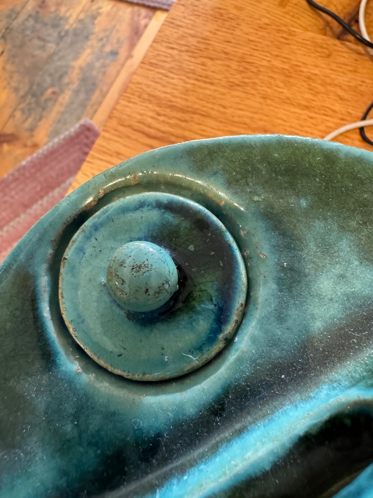 Antique green teapot stoneware pottery Shiwan. Signed on bottom – see photo