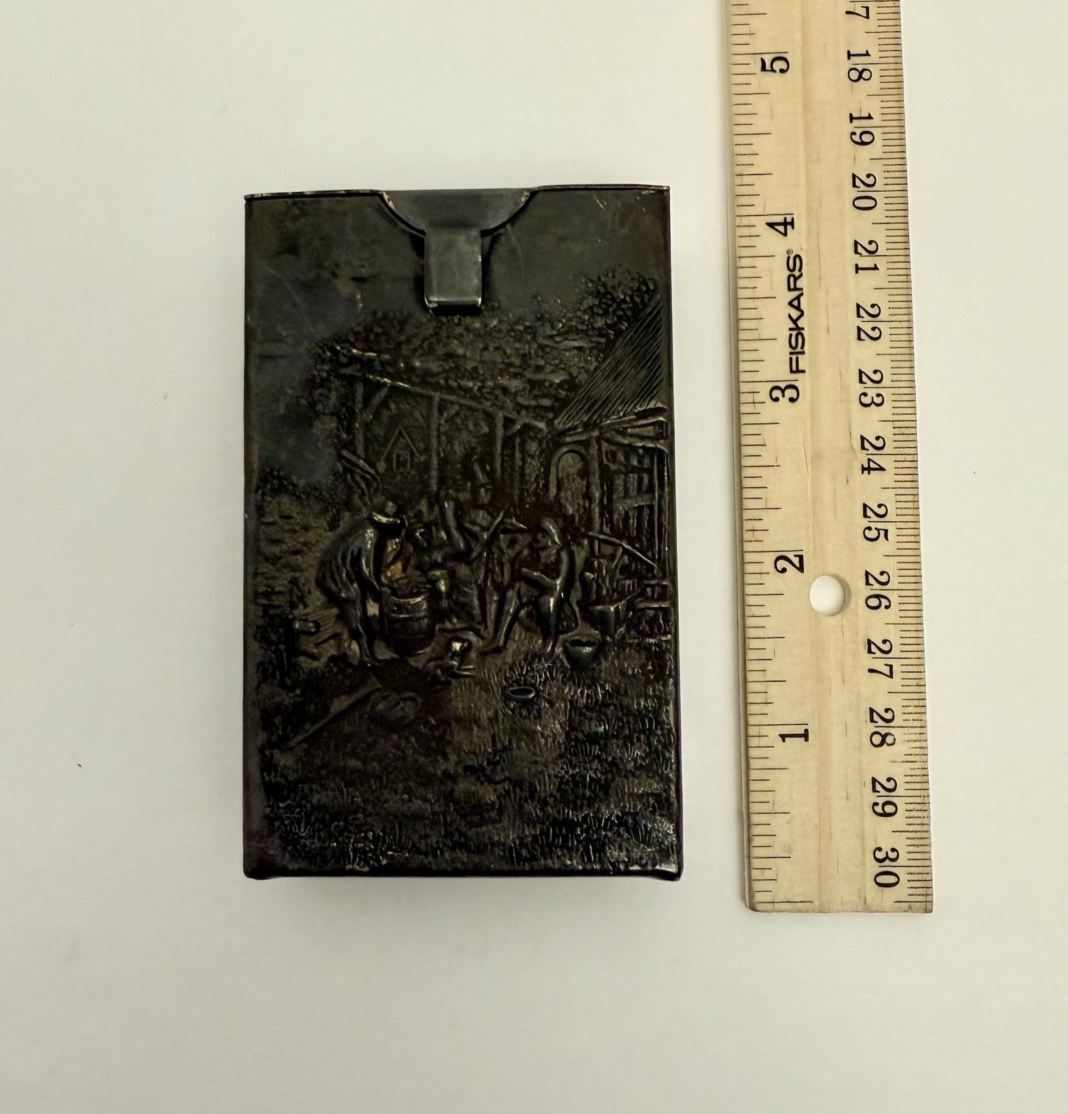 Vintage Hans Jansen Hammered Silverplate Cigarette Case Repose Design Scene D-7.
