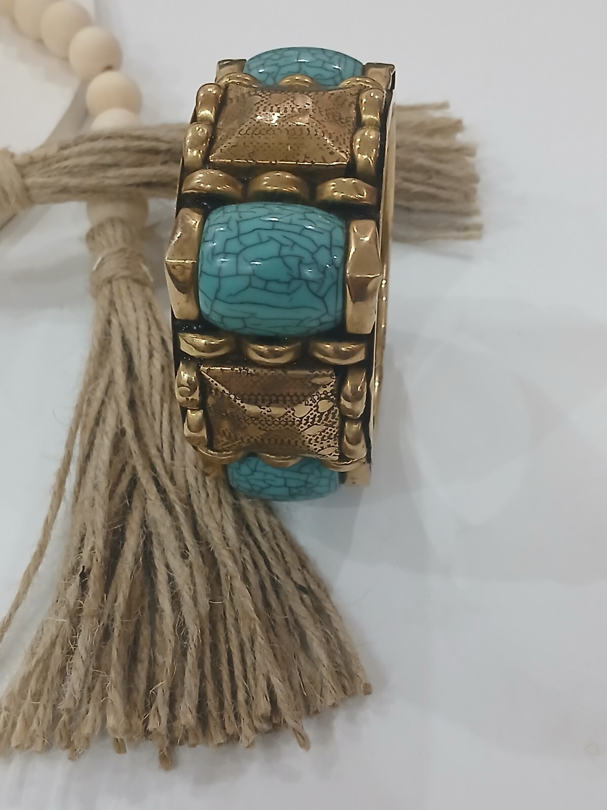 Antique Art Deco style bracelet, gold color with imitation turquoise stones on i