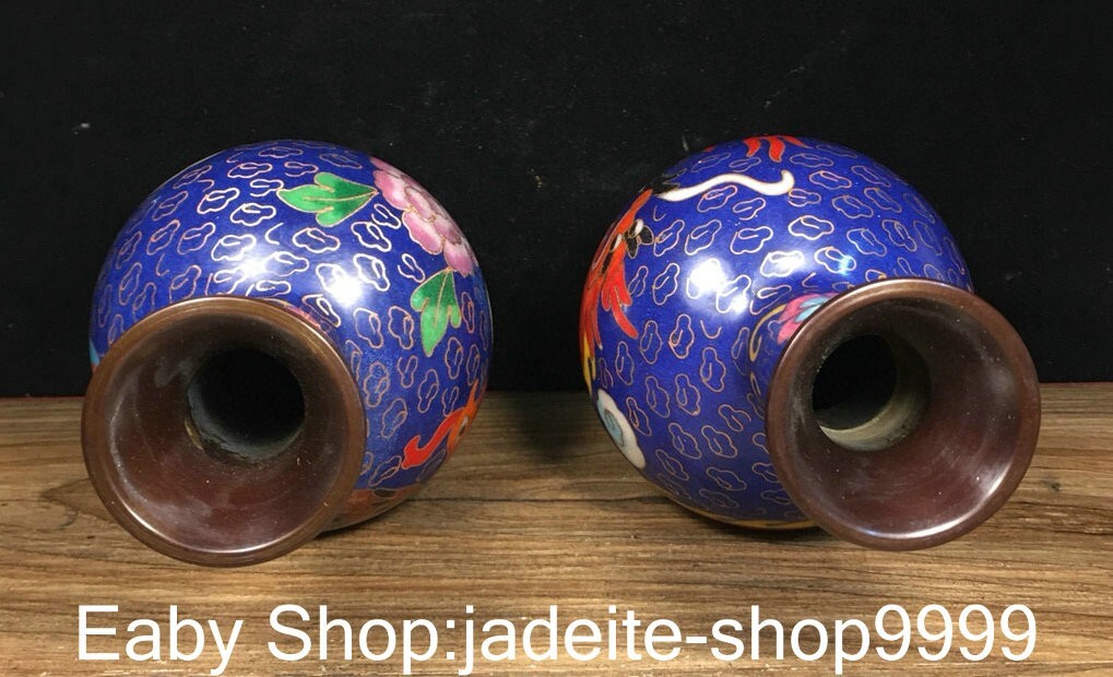 7.2″Qianlong Pure Bronze Cloisonne Enamel Dragon Phoenix Animal Bottle Vase Pair