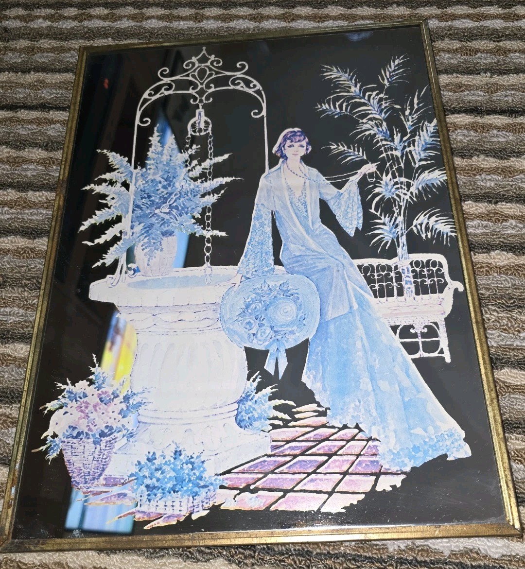 Vintage Reverse Painted Mirrored Glass 1970s Art Deco 15″x 11″