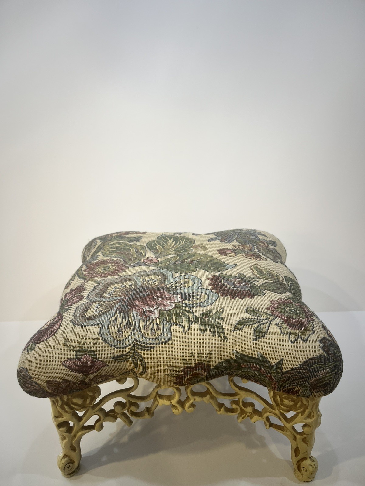 Vtg Solid Ornate Cast Iron Elegant Foot Stool Floral Padded