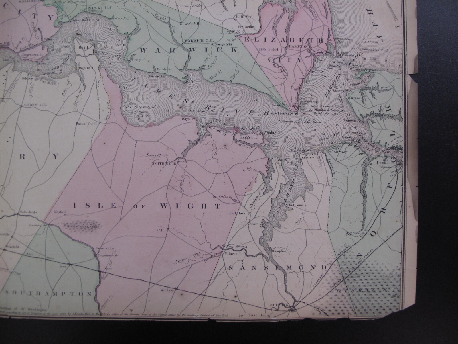 Hand ColorJohnson Map Vicinity Richmond Peninsular Campaign VA Civil War 1862