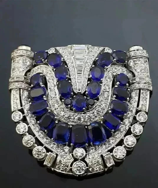 14K White Gold Plated 3Ct Round Cut Lab Created Blue Sapphire Diamond Brooch Pin