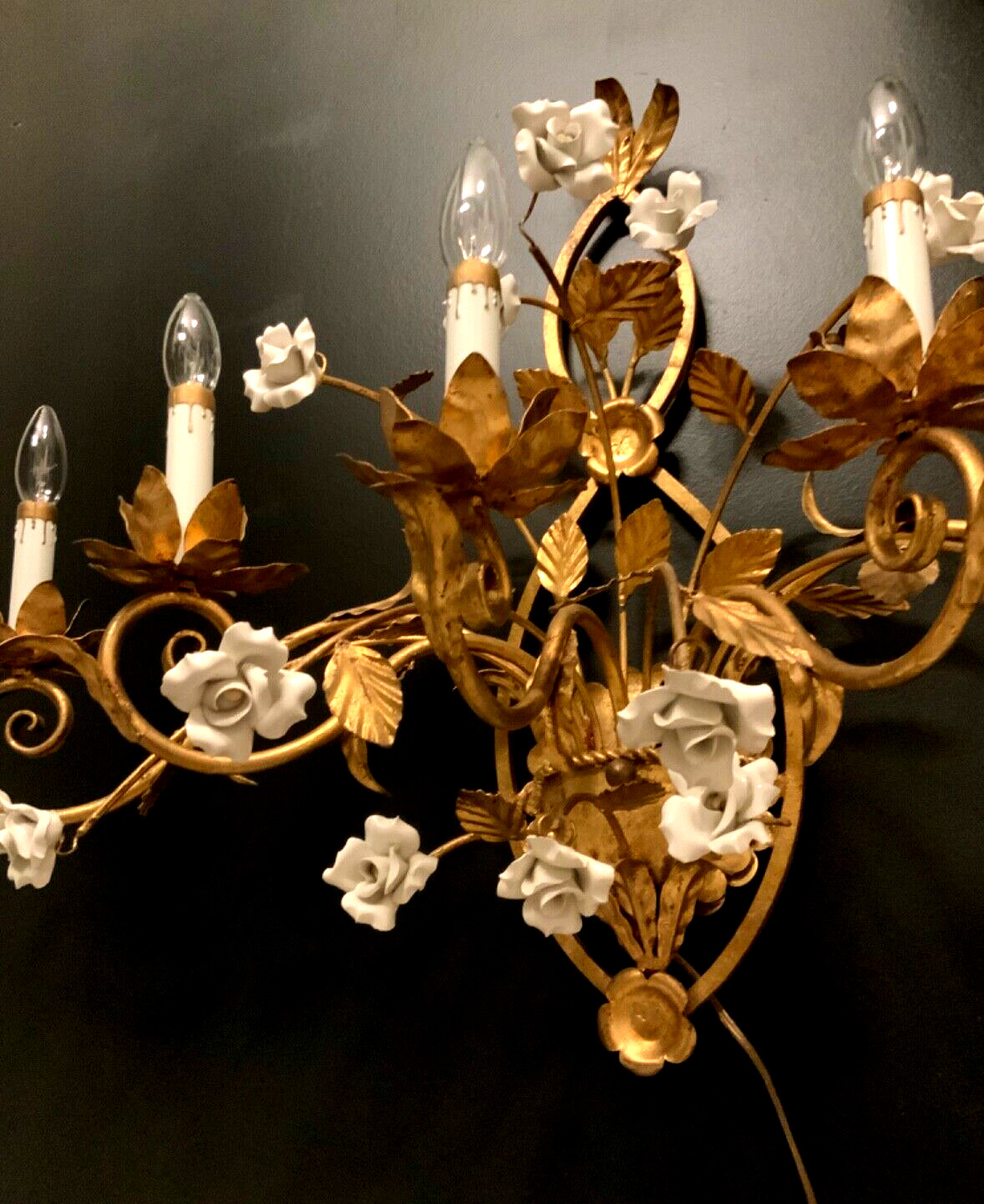 VTG ITALIAN Gold Gilt White PORCELAIN Roses Wall 5 Light SCONCE Stunning Quality