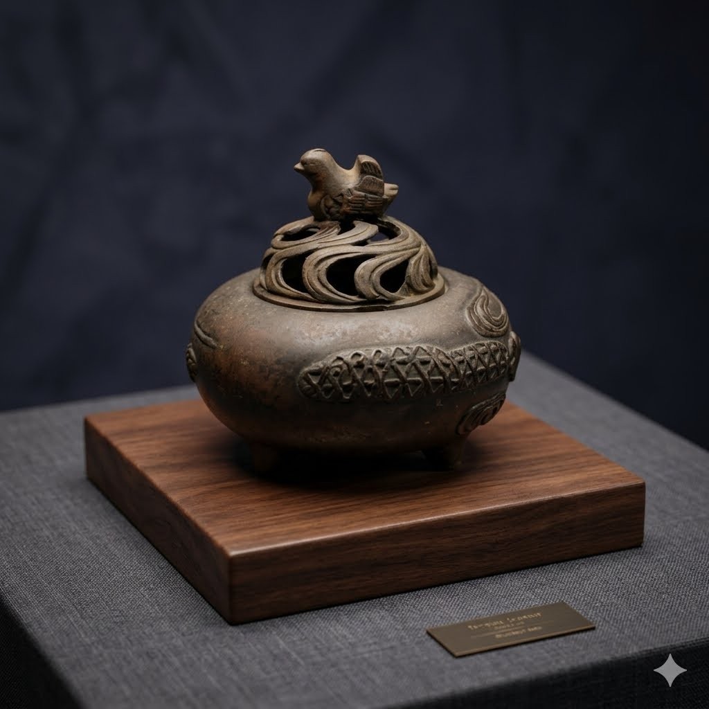 Antique Chinese Bronze Censer Incense Burner Tripod Base Pierced Bird Lid Mark