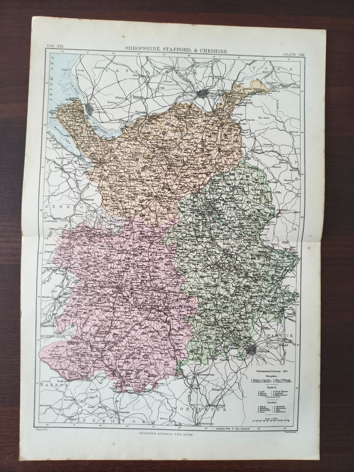 ANTIQ.ORIG. COLOUR MAP BY W.&A.K. JOHNSTON-SHROPSHIRE,STAFFORD & CHESHIRE-1880CA