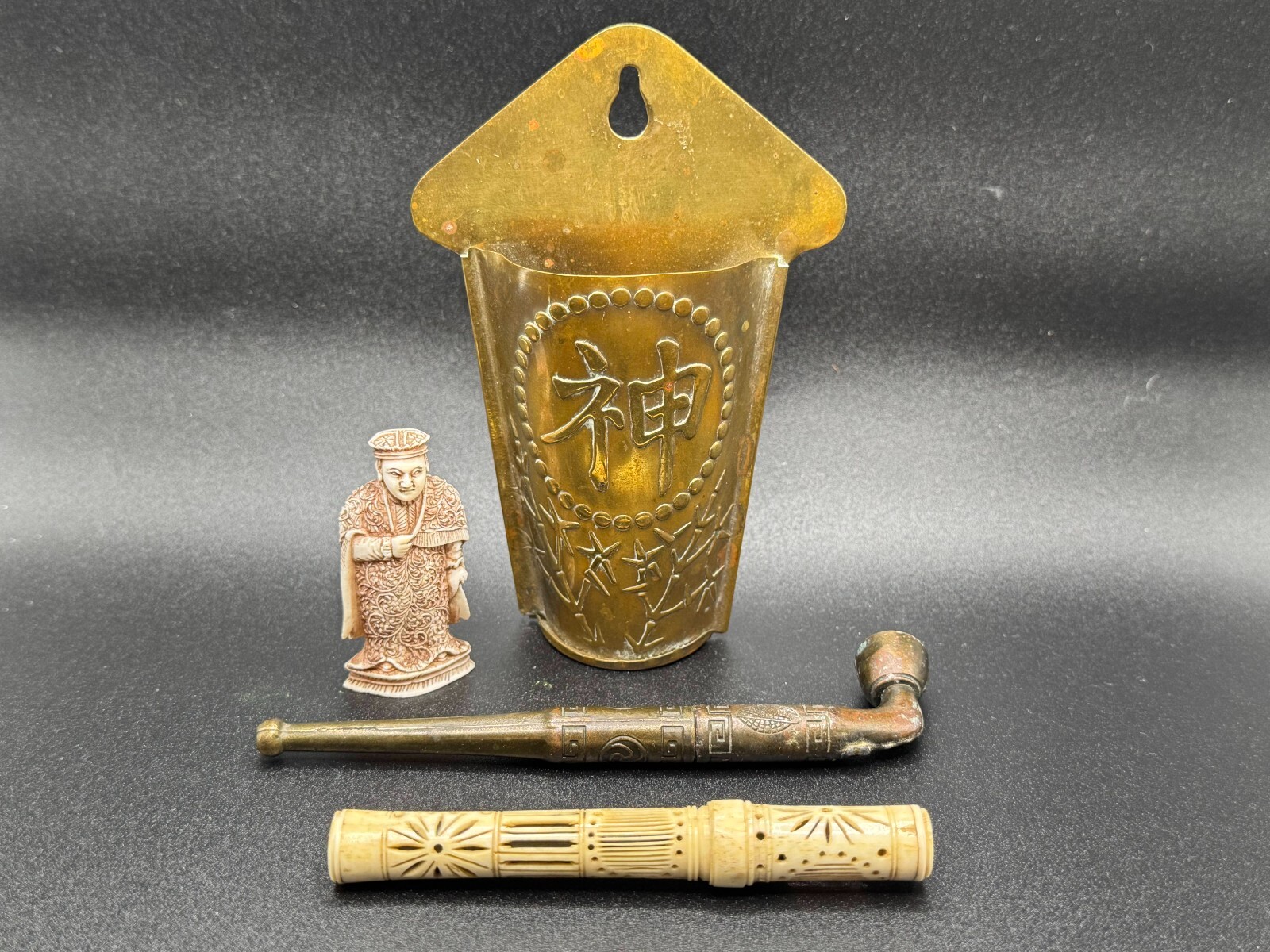 Antique Chinese Lot with Opi*um Pipe and Tool, Snuff Bottle, and Incense Holder