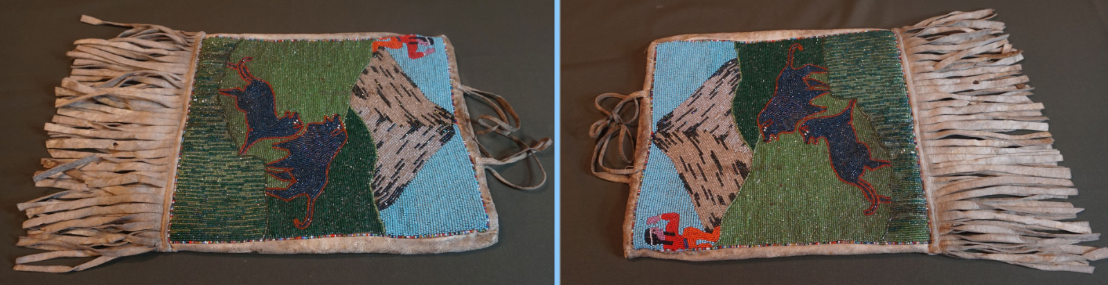 Beautiful 1930’s Native American Yakama Walla Walla Beaded Bag Hunter & Wolves