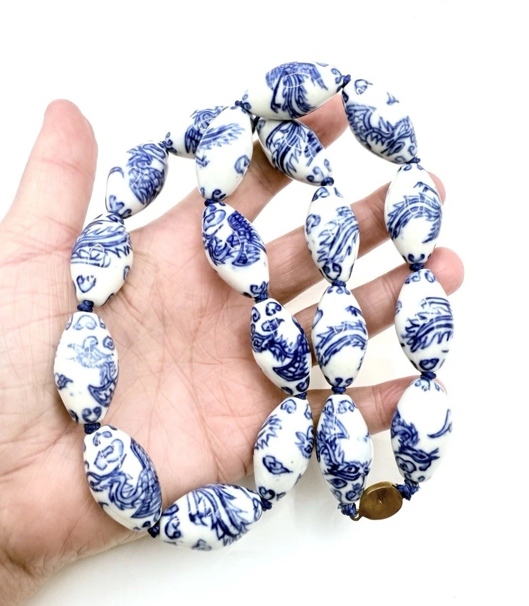 Chinese Export Porcelain Crane Bead Blue Necklace Knotted Silk Vintage Jewelry
