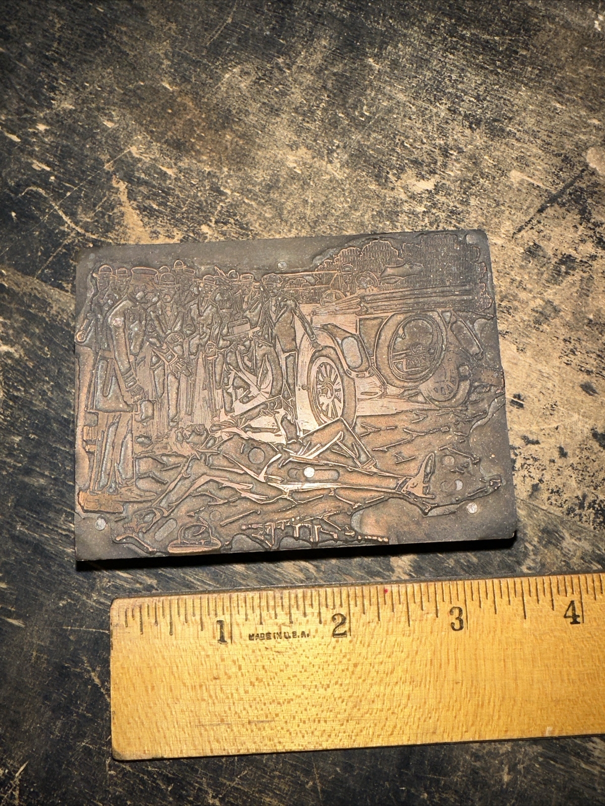 Vintage (Printing Block) “ Car Accident, Man Laying on Ground “ Copper Face ￼