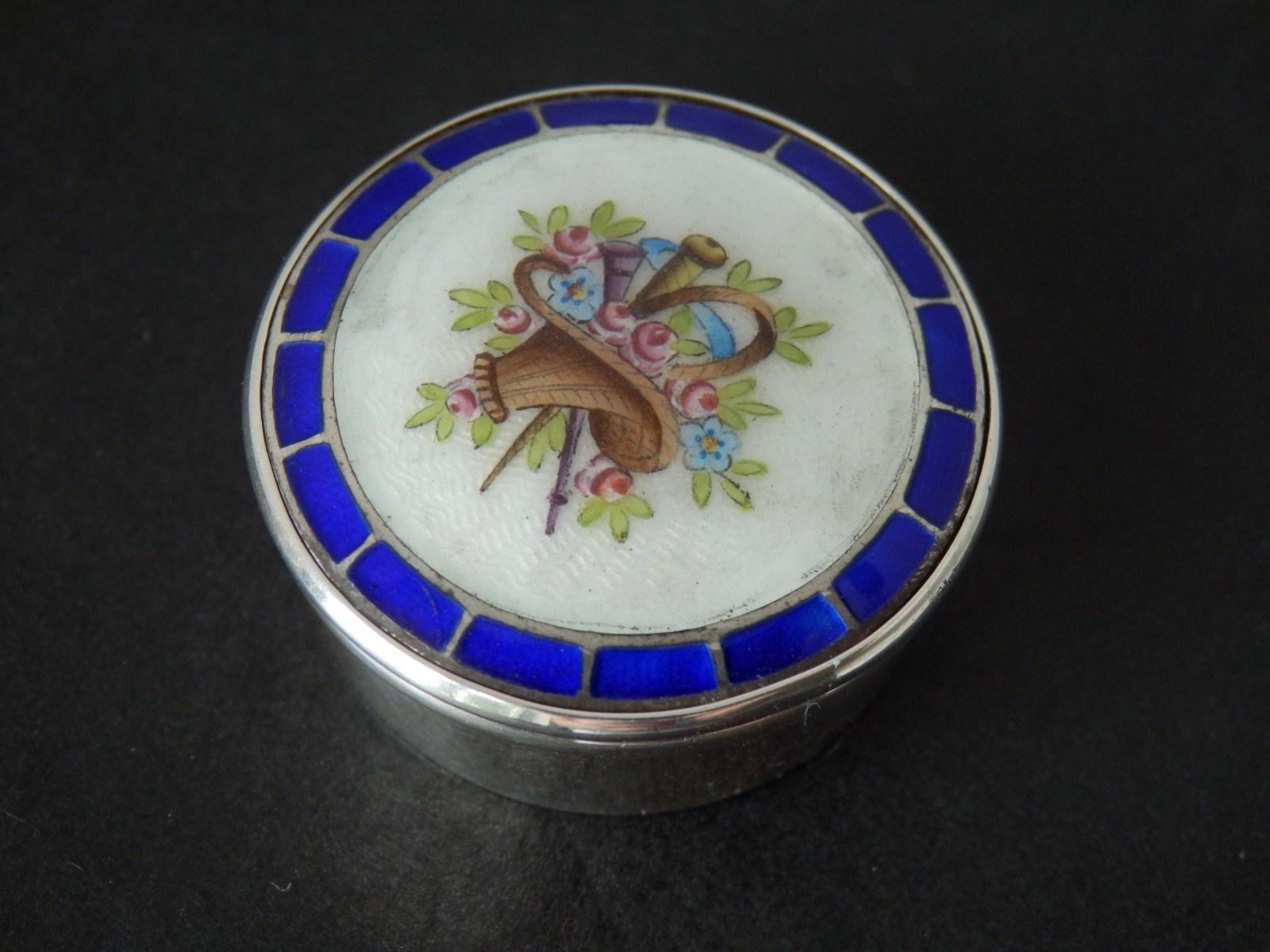 Antique Art Nouveau Solid Silver Guilloche Enamel Pill Box 1908 Levi & Salaman