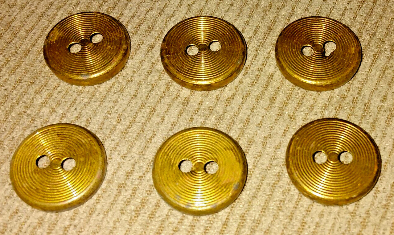 6 VINTAGE 2 HOLE BRASS 6 RIDGE BUTTONS 20s 30s ORIG 9/16″ ESTATE