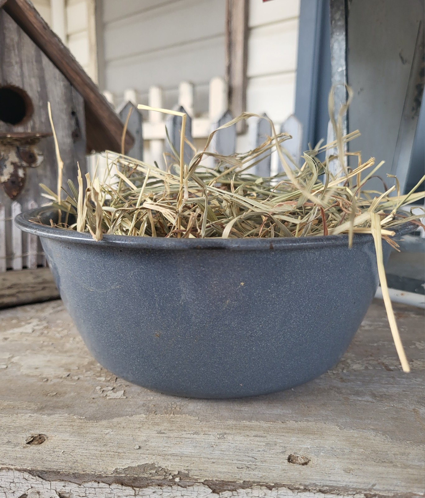 Primitive Enamel Bowl Gray WITH PRIM GRASS 8-1/2″ Vintage Kitchenware Farmhouse