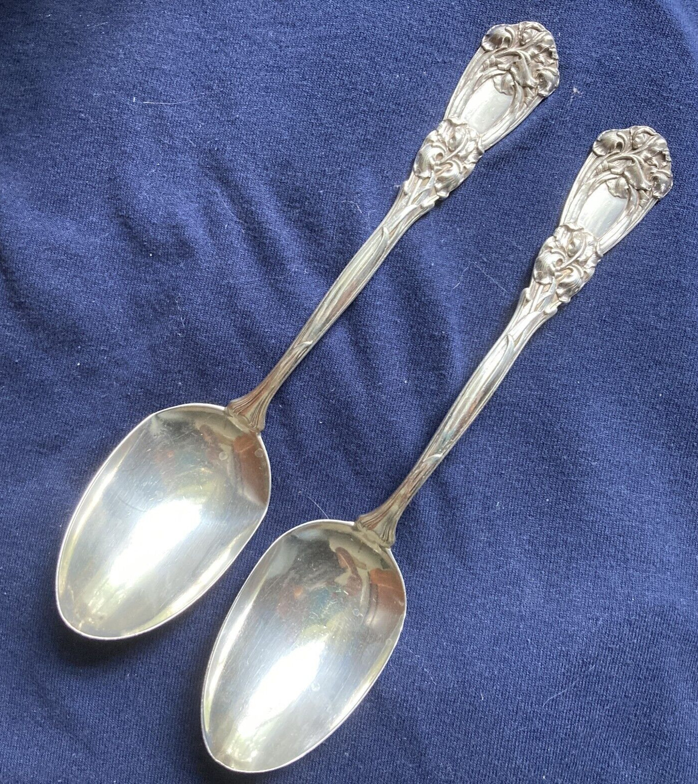 Antique Sterling DURGIN IRIS 1900 Large Serving Spoons Mono ART NOUVEAU Lot of 2