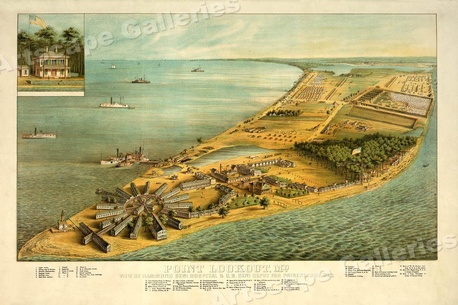 1864 Point Lookout Maryland Historic Civil War Prison Map – 24×36