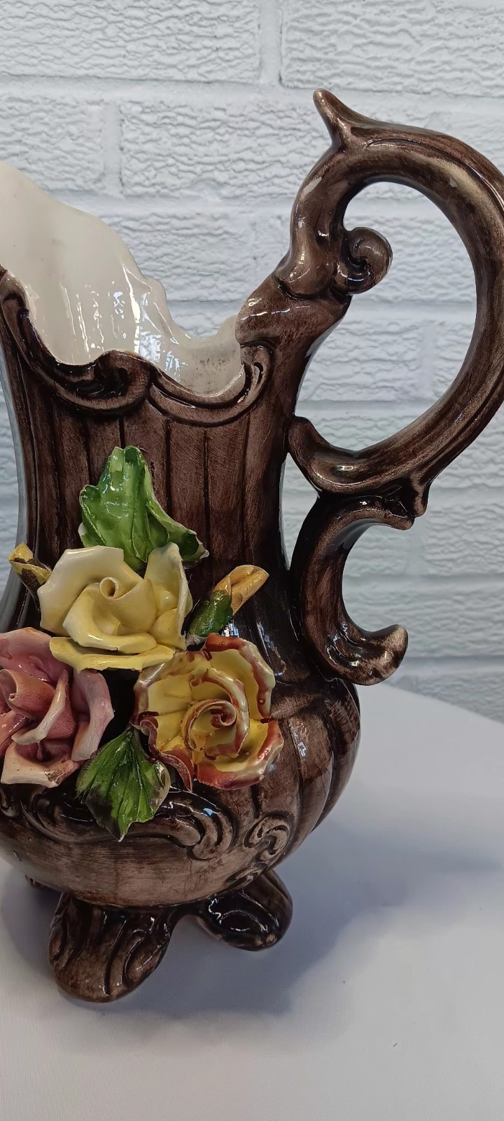 Large Capodimonte Style Porcelain Pitcher 12.” Floral Made In ITALY By Bassano