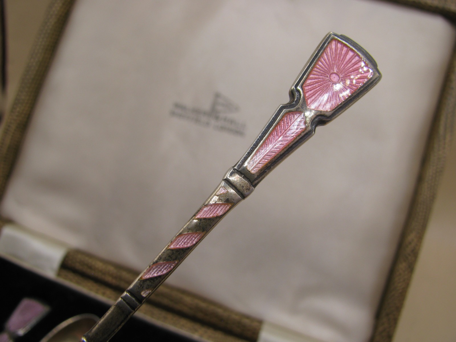 Birmingham 1957 Sterling Silver & Enamel Spoons In Case by Walker & Hall