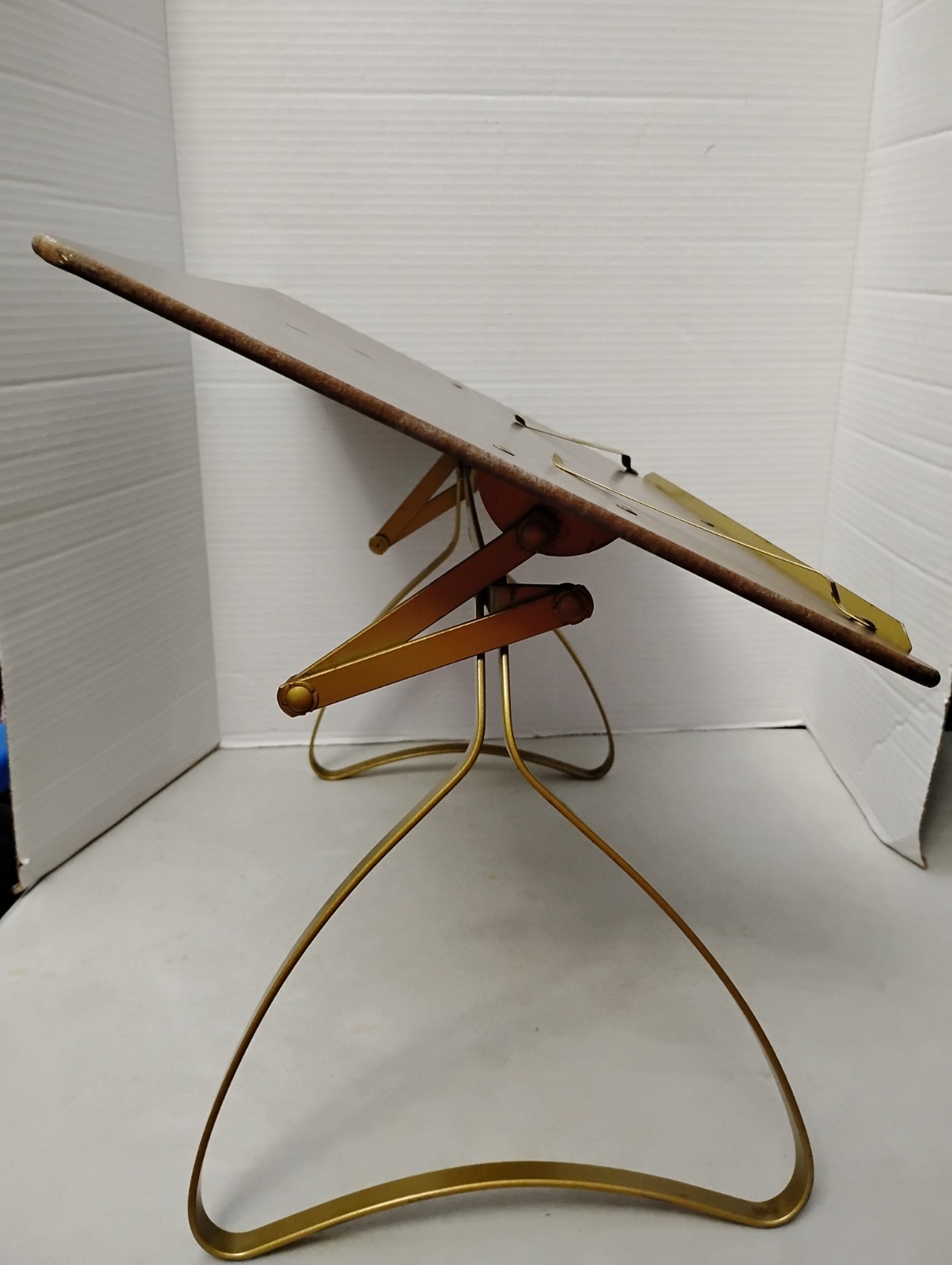 Vintage Tabletop Drafting Table Stand Brassy Faux Wood Gold Tone Display Adjust