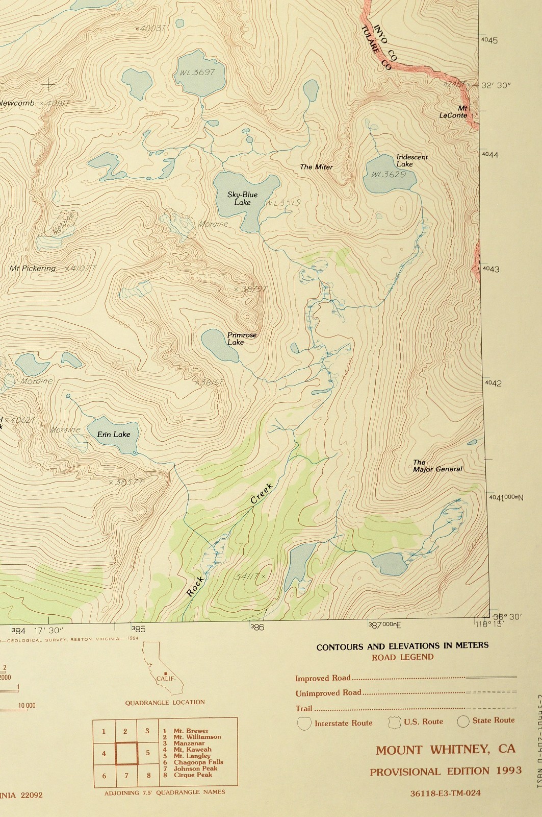 Mount Whitney Map Sequoia Nat’l Park California Mt Hitchcock Lakes Guitar Lake