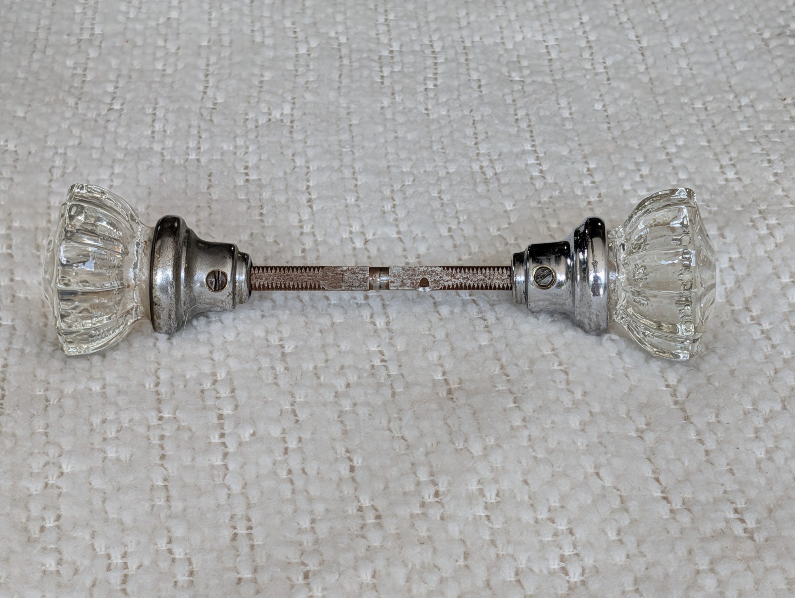 Vtg Pair of Crystal Glass & Silver Chrome Door Knobs, Spindle, Screws – Set #5