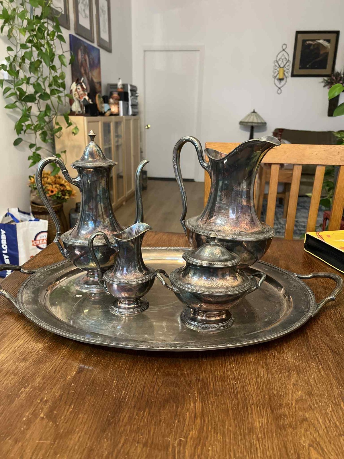 Vintage 1847 Rogers Bros Silverplate Coffee Tea Set w/ Large Tray Argosy Pattern